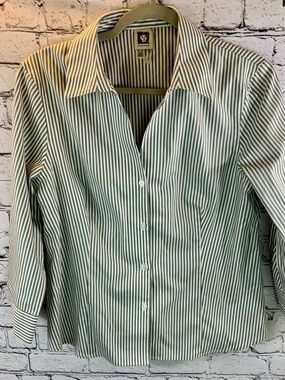 Anne Klein Gray and White Striped Button-Front Shirt